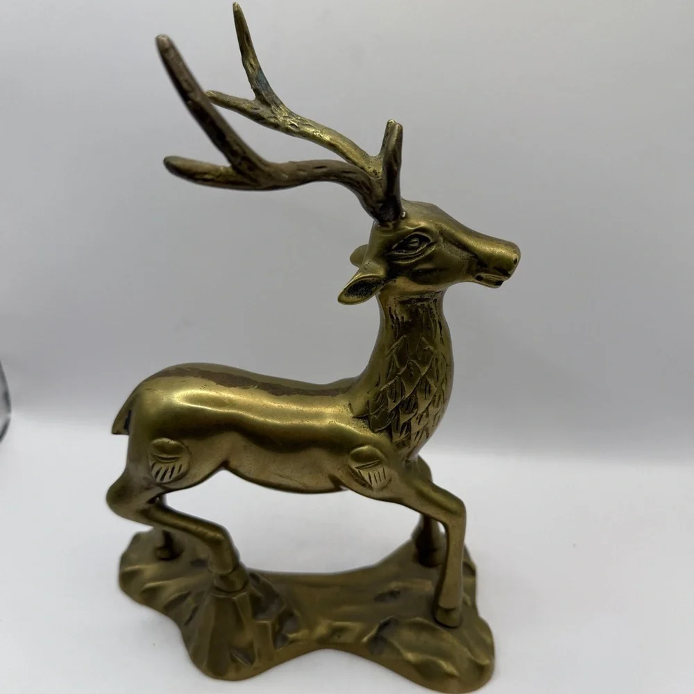 Solid Brass Buck Deer Reindeer Figure Statue Wildlife Nature Vintage 8.5